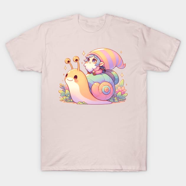 Cute Gnome Riding A Snail Cottagecore T-Shirt by WitchyArty